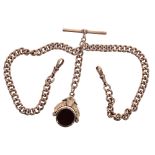 9ct curb watch Albert chain with two 9ct clasps, 9ct T-bar and 9ct bloodstone fob, 37.1gm, 16''