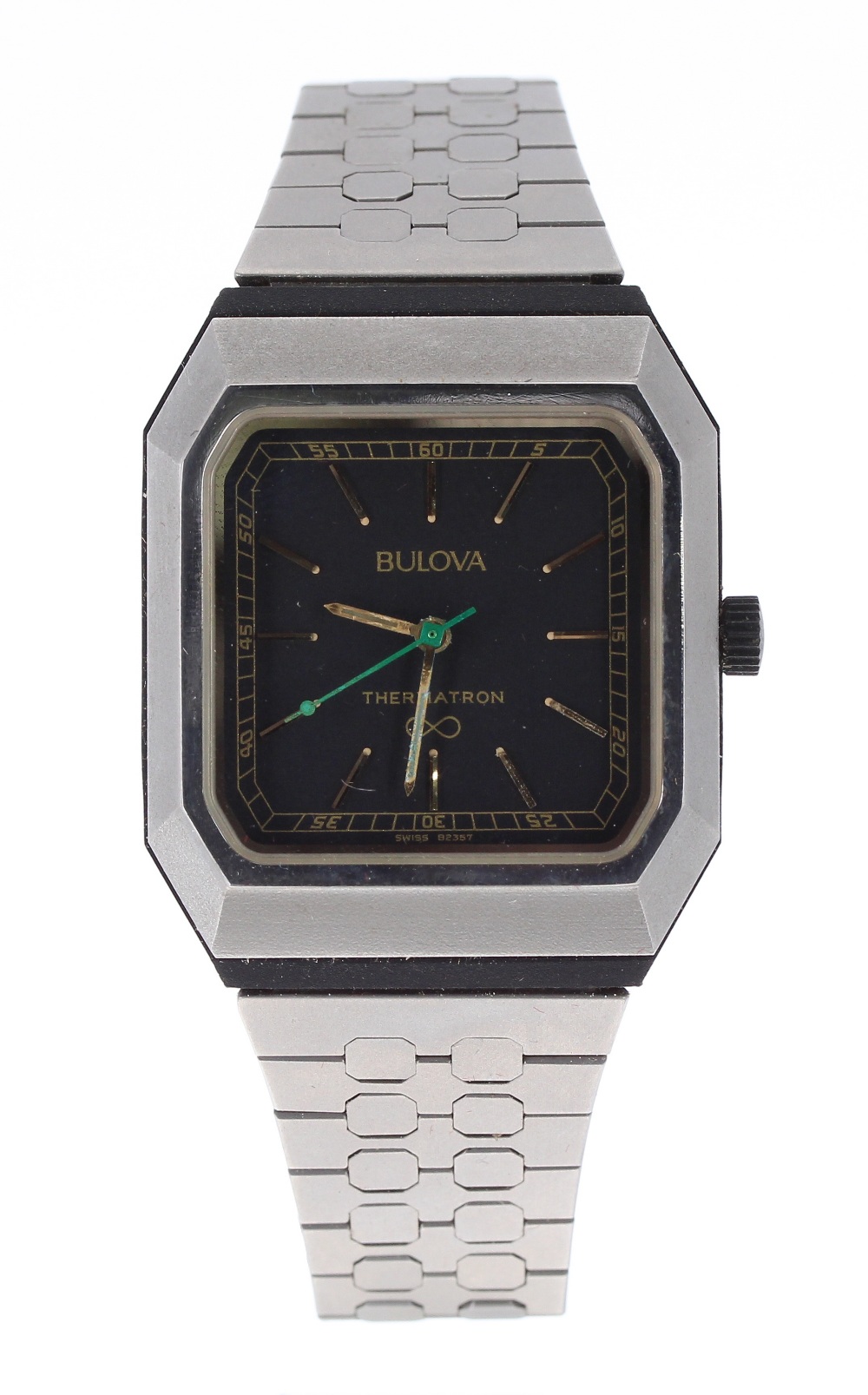 Bulova Thermatron stainless steel gentleman's bracelet watch, circa 1982, black dial with gilt baton