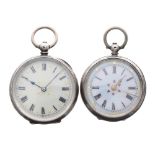 Two silver (0.800) cylinder engraved fob watches (key) (2)