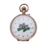 Small Continental 9K cylinder fob watch, the gilt frosted bar movement with gilt three arm balance