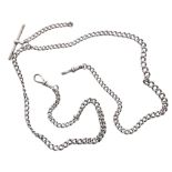 Silver curb double watch Albert chain with two silver clasps and silver T-bar, 47.8gm, 27'' approx