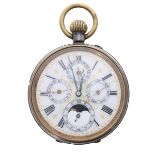 Swiss gunmetal calendar pocket watch, unsigned frosted gilt lever movement, the dial with Roman