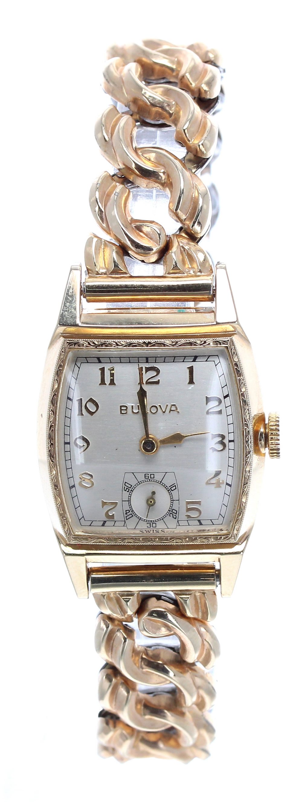 Bulova 10k gold plated and stainless steel rectangular curved mid-size bracelet watch, silvered - Image 2 of 4