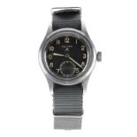 Record WWII British Military issue wristwatch, circular black dial with Military arrow, Arabic