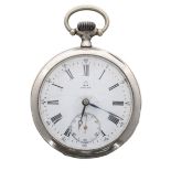 Omega silver lever pocket watch, signed gilt frosted movement with compensated balance and