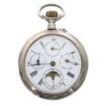 Continental silver (0.800) cylinder calendar pocket watch, the bar movement with gilt three arm
