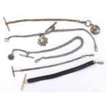 Silver graduated curb watch Albert chain with silver clasp, T-bar and swivel bloodstone and