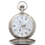 Continental white metal lever calendar hunter pocket watch, bar lever movement with compensated