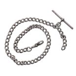 Silver curb watch Albert chain with silver T-bar and silver clasp, 30.5gm, 13''