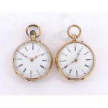 Two 14ct bar cylinder fob watches, 48.8gm (one at fault)