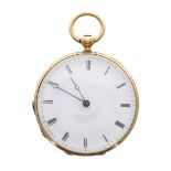 Continental 18ct cylinder fob watch, the gilt bar movement with gilt three arm balance and