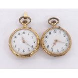 Two small 14k bar cylinder fob watches, 32.8gm (2)