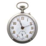 Junghans chrome cased alarm pocket watch, the white dial with Arabic numerals, minute track with