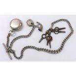 Silver graduated watch Albert chain with silver clasp, T-bar, coin holder and horn charm, also a