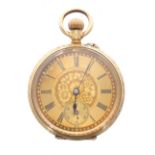 Continental 18ct cylinder fob watch, gilt frosted bar movement with gilt three arm balance and