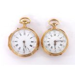 Two 18ct bar cylinder fob watches, 42.6gm (2)