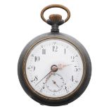 Swiss gunmetal alarm pocket watch, the dial with Arabic numerals, minute markers with five minute