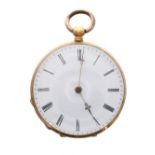 18ct cylinder fob watch, the gilt bar movement with gilt three arm balance and regulator, the dial