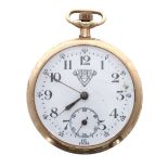 Gold plated lever pocket watch, 7 jewel movement signed Alandem, the dial with crest inscribed 'West