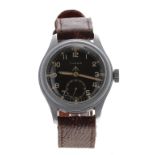 Timor WWII Military issue stainless steel gentleman's wristwatch, circular black dial with