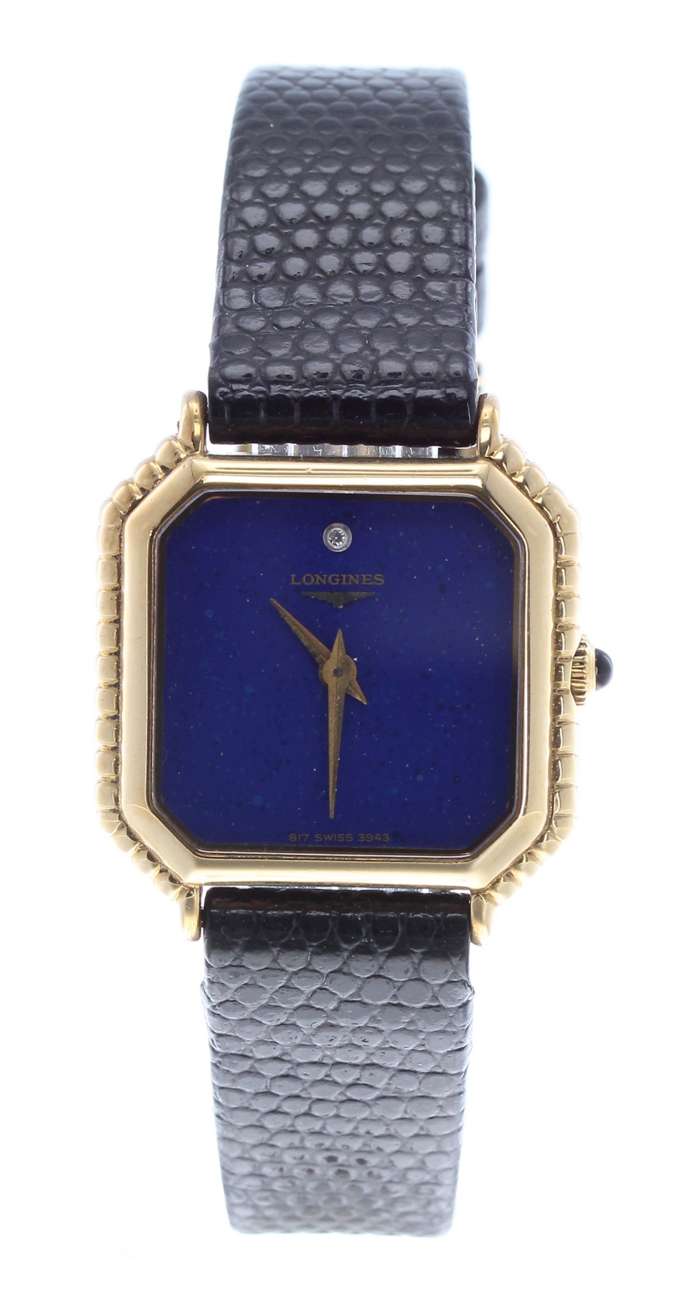 Longines 9ct octagonal cased lady's wristwatch, circa 1980s, lapis lazuli dial with single diamond