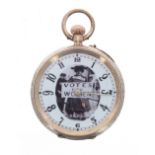 Continental 14K cylinder fob watch, the gilt frosted bar movement with gilt three arm balance and