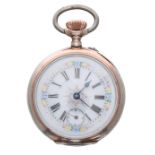 Continental silver (0.800) cylinder pocket watch, gilt frosted movement with steel three arm balance