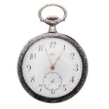 Niello white metal lever hunter pocket watch, unsigned movement, the dial with 'BM' trademark