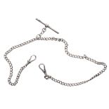 Silver curb double watch Albert chain with two silver clasps and silver T-bar, 23.8gm, 17'' approx