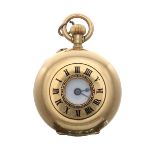 Swiss 18ct mini half hunter fob watch, London 1907, gilt lever bar movement, the dial with Roman