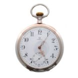 Omega silver (.800) lever pocket watch, gilt movement, no. 4765768, signed white dial with Arabic