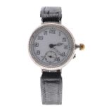 WWI silver borgel cased wire-lug trench watch, import hallmarks London 1914, circular white enamel