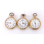 Three small 18ct bar cylinder fob watches, 52.5gm (3) (two in need of attention)