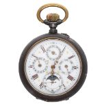 Gunmetal calendar lever pocket watch, gilt frosted bar movement with compensated balance and