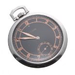 LeCoultre stainless steel lever pocket watch, 15 jewel movement, no. 45820, black dial with a gilt