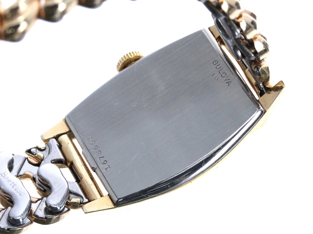 Bulova 10k gold plated and stainless steel rectangular curved mid-size bracelet watch, silvered - Image 3 of 4