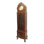 Impressive oak three train longcase clock, the 11" silvered circular dial with raised gilt Arabic