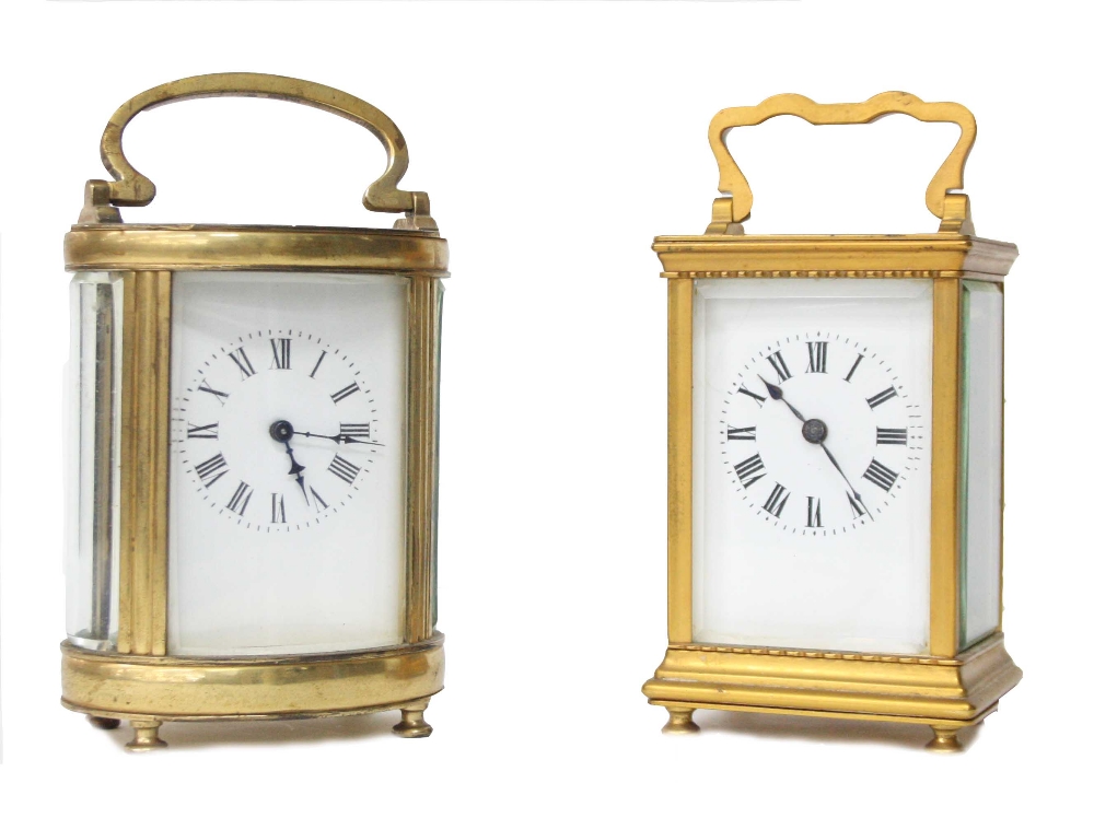 French oval carriage clock timepiece, within a brass case, 6.25" high; also another French