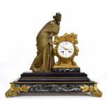 Good French ormolu black and green marble two train figural mantel clock, the 3.75" white dial