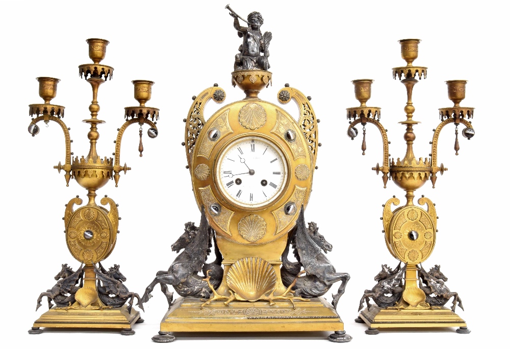 Fine gilt and silvered bronze mantel clock garniture, English/French, dated 1871, the French bell