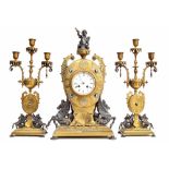 Fine gilt and silvered bronze mantel clock garniture, English/French, dated 1871, the French bell