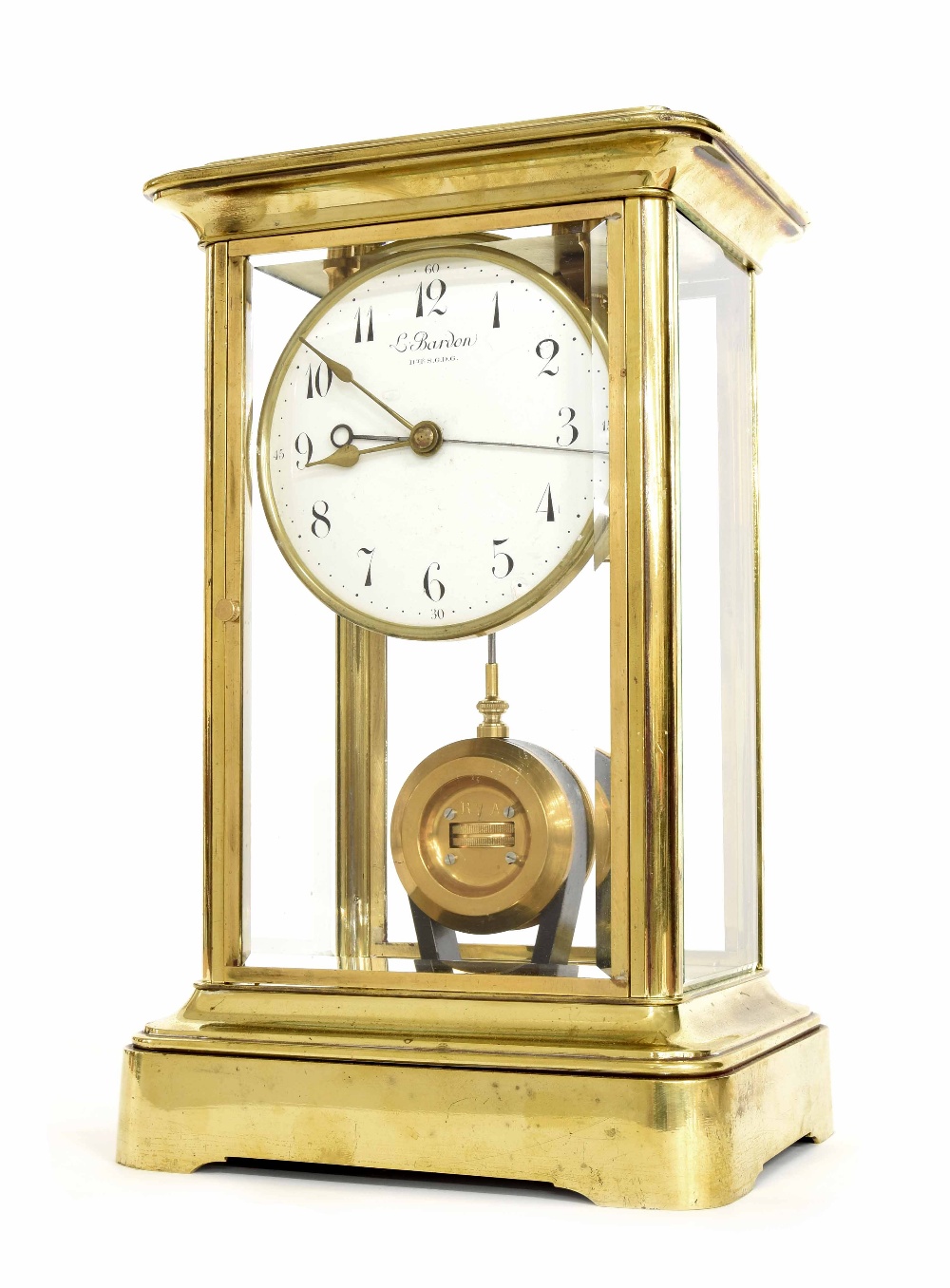 Good French electric four glass mantel clock, the 5" white dial signed L. Bardon, Bte.S.G.D.G., with