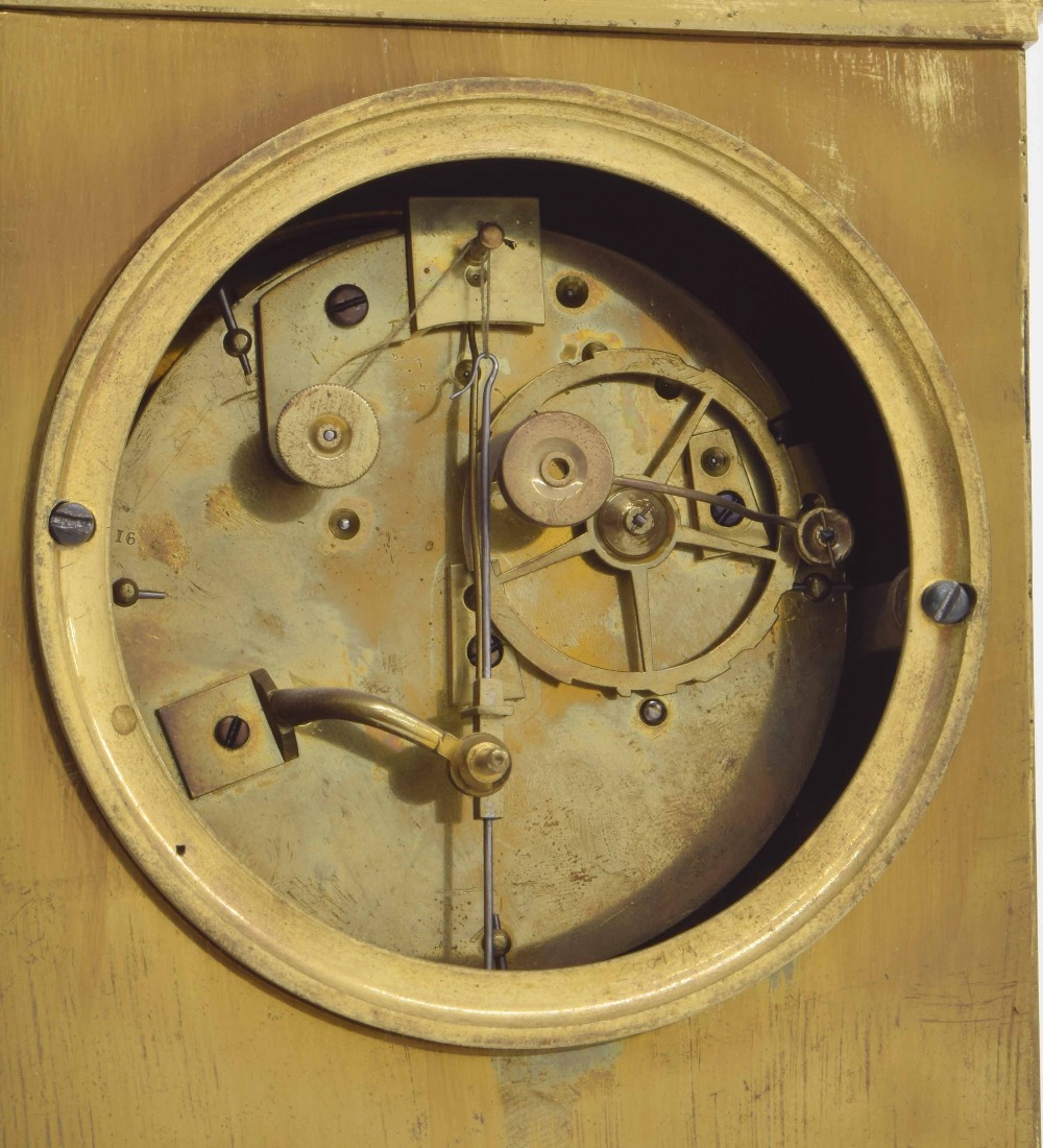 French Empire ormolu two train mantel clock, the movement with outside countwheel striking with - Image 3 of 3