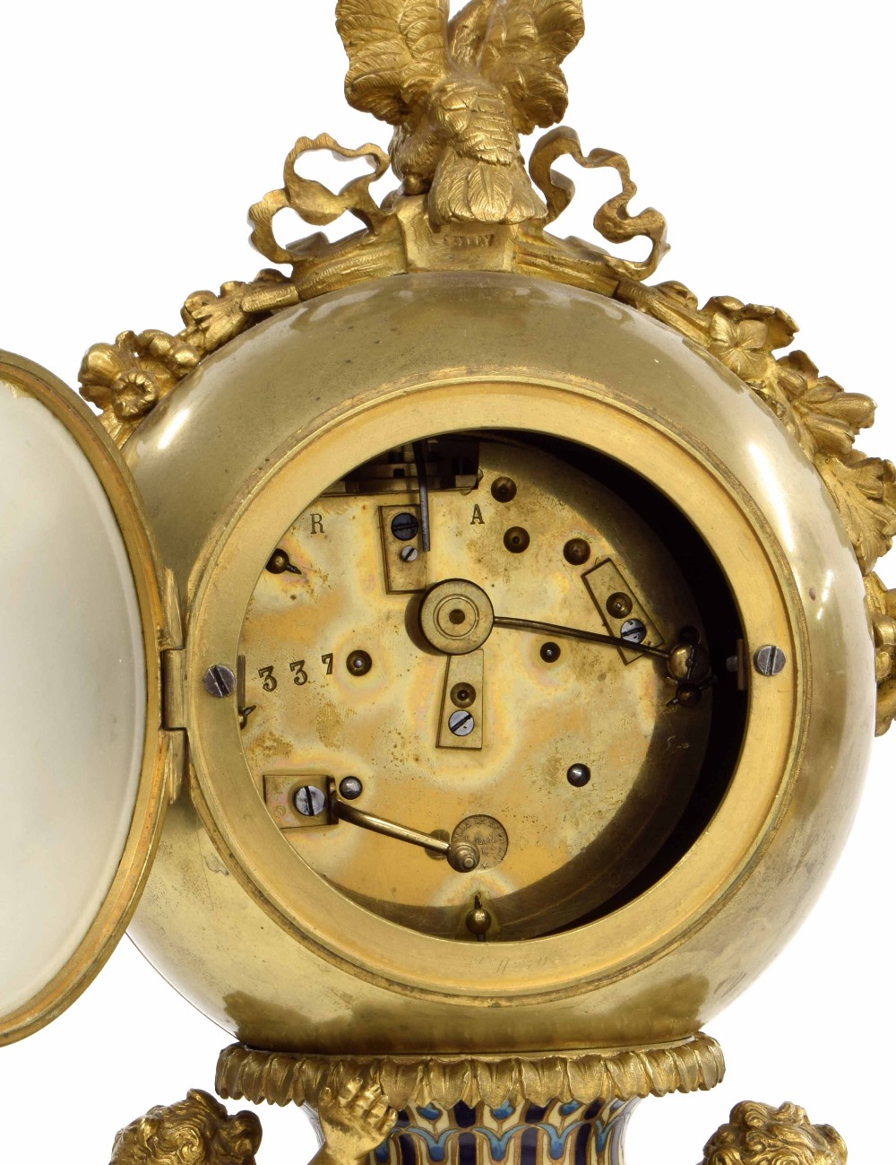 Ormolu and champlevé enamel mantel clock, circa 1890, the gilt dial with enamel centre, the bell - Image 3 of 3