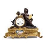French gilt metal and bronzed two train figural mantel clock, the movement with outside countwheel