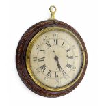 Sedan clock timepiece, the 4.5" silvered dial within a mahogany turned and chequer banded case,