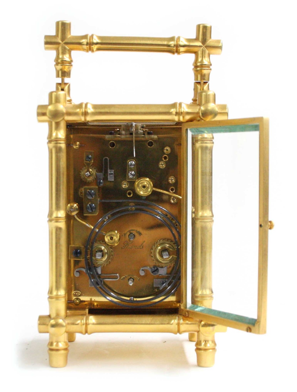 French gilt-brass striking and repeating carriage clock with alarm, A. Dumas, no. 1081, last quarter - Image 3 of 5