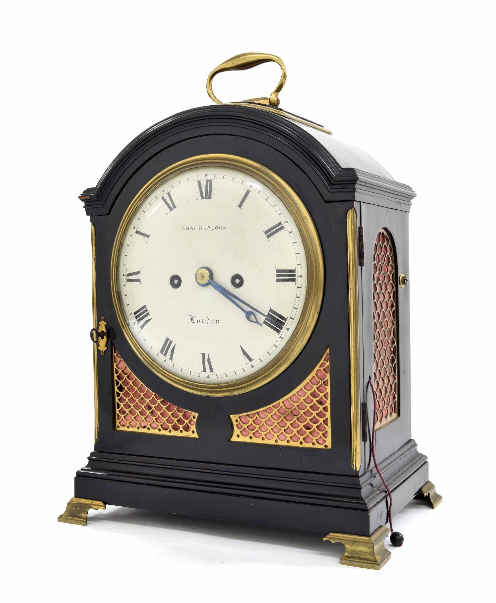 Good English ebonised double fusee bracket clock, the 7" convex cream dial signed Chas Duplock,