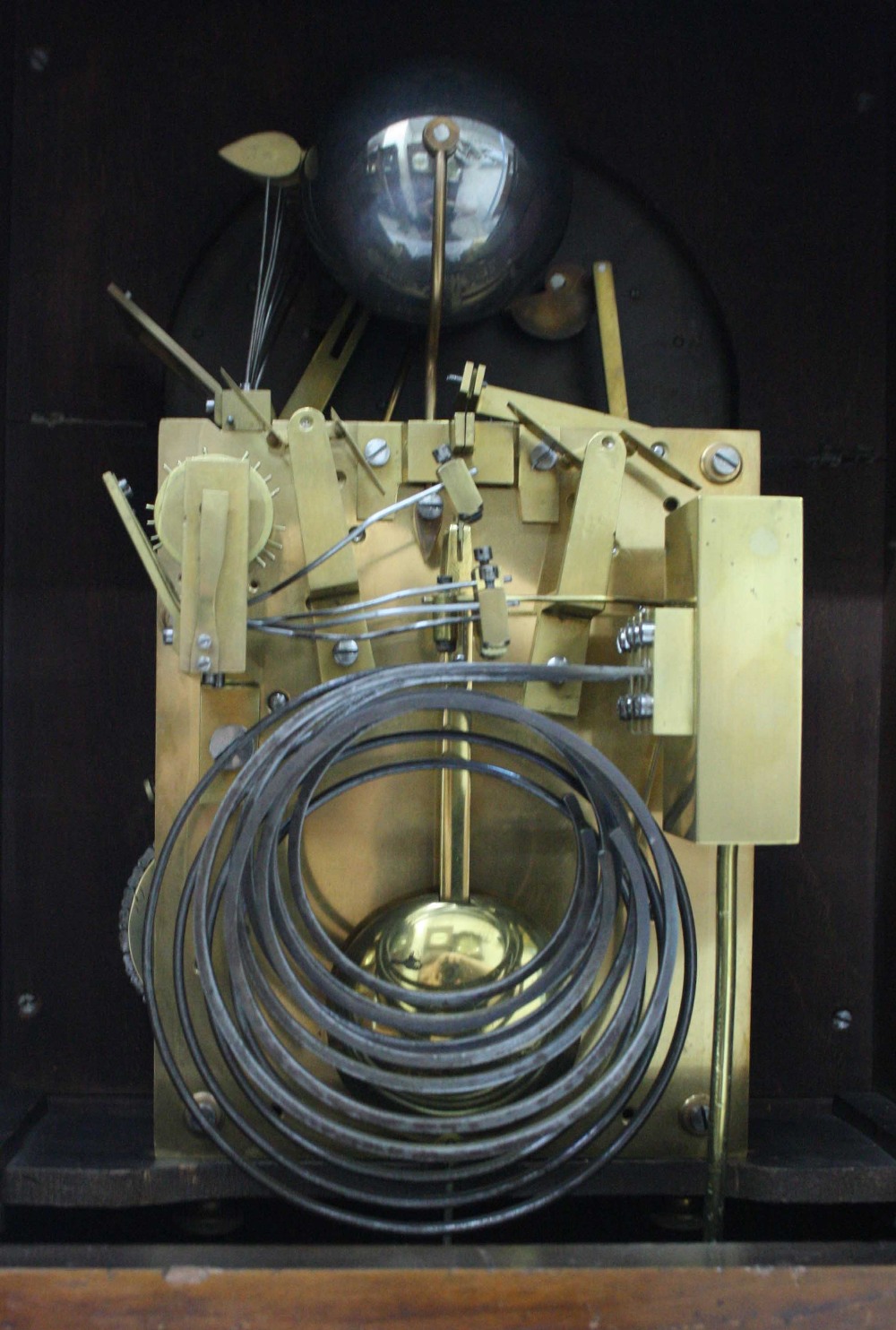 Good mahogany triple fusee boardroom clock, the 9" rounded arched dial with silvered chapter ring - Image 3 of 3