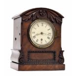 Small English mahogany single fusee bracket clock, the 3.25" cream dial within a foliate carved